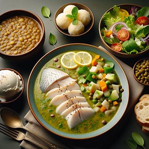 Un plato con rodajas de pescado blanco en salsa verde, otro plato con ensalada, otro plato con lentejas guisadas, un helado y pan